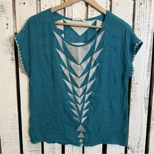 Le Sample Boho Top Turquoise‎ White Size Medium Embroidered Western Aztec Design